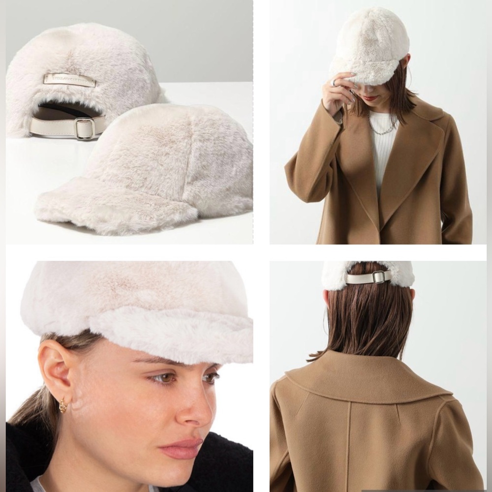 STELLA McCARTNEY IVORY FAUX FUR CAP, FEATURES CURVED PEAK, AN ADUSTIBLE STRAP - Picture 3 of 16